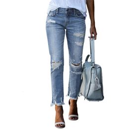 Mode gebroken gaten Tassel rechte jeans dames midwaist knop splicing denim broek dames trend streetwear casual broek 240423