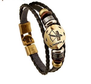 Mode Brons Legering Gespen 12 Zodiac Signs Armband Punk Lederen Armband Houten Bead + Black Gallstone For Men Charm Sieraden Hjia957