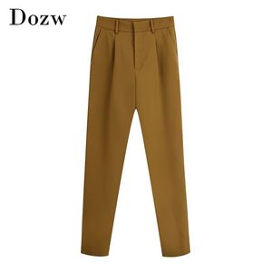 Pantalon long de couleur marron pour femmes, plissé, fermeture éclair, crayon, Baggy, élégant, bureau, Pantalon Femme 210515