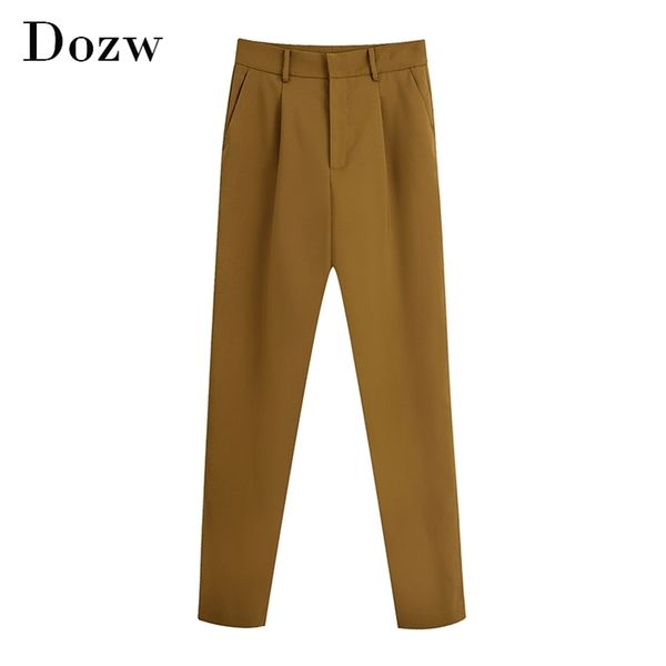 Moda color marrón pantalones largos mujeres plisado cremallera mosca lápiz dama baggy elegante oficina pantalones pantalon femme 210515