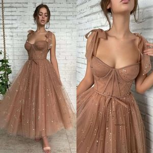 Mode bruine jurken spaghetti prom feestjurk enkellengte thuiskomstjurk a lijn 0515