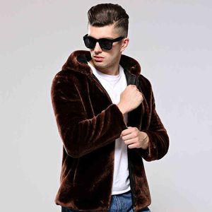 Mode bruine faux bont jas dik bont pluizig warme jas mannen plus maat capuchon lange mouw jas winter losse casual mannelijke top 4xl l220725