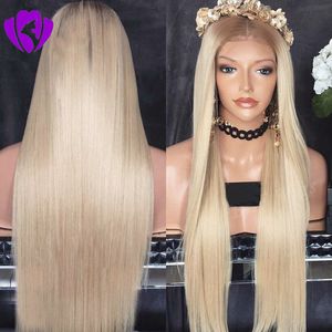 Fashion brown roots /Blonde Lace Front Wigs Glueless Heat Resistant Synthetic Wig With Baby Hair 180% Density Ombre Wigs For Black Women