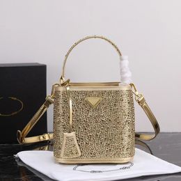 Mode seau sac à bandoulière cristal diamant métal paillettes Logo grande capacité classique en cuir véritable Designer sac de luxe