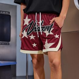 Mode Bourgondische basketbalshort met zijzakken Elastische tailleband Oversize Sport Short Pants 240402