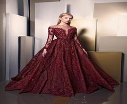 Fashion Bourgogne Détail scintillant Robes de bal à manches longues Ziad Nakad Puffy Jupe Long Luxury Applique Dubaï Arabprom Gown1041063