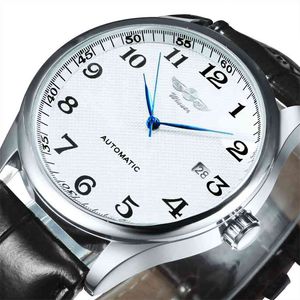 Mode Zakelijke Automatische Mechanische Horloge Mannen Tijd Master Lederen Strap White Dial Kalender Datum Montre Homme Winner Classic 210804