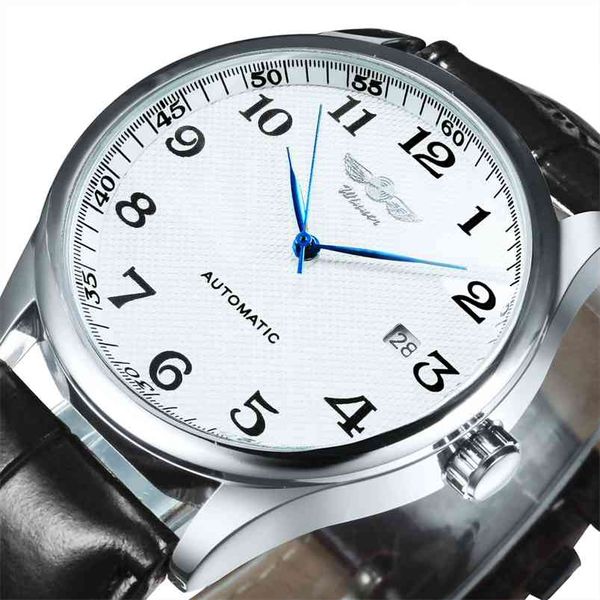 Moda Negocios Reloj mecánico automático Hombres Time Master Correa de cuero Dial blanco Calendario Fecha Montre Homme Winner Classic 210804