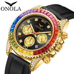 Fashion Business Gold Watch Onola waterdichte Silicone Tape Rainbow Di Watch Men's New Watch