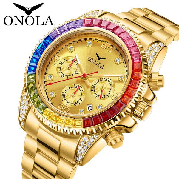 Fashion Business Gold Watch Onola Imperproofroping Solid Core Precision Steel Band Rainbow Di Watch for Men's New Style