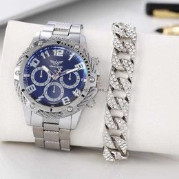 Fashion Business Mens Watch Fake Three Eyes Grand Steel Band Watch + Hip Hop Bracelet en deux pièces