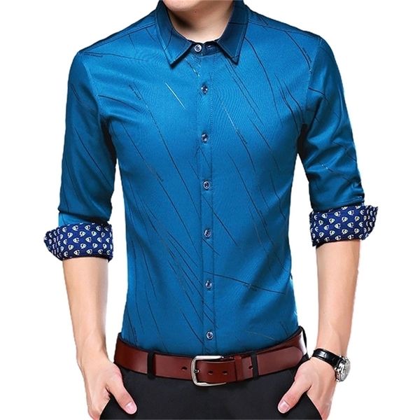 Mode affaires chemise à carreaux hommes à manches longues col rabattu lettres/rayures boutons imprimés petit haut chemises décontractées petite taille 220702