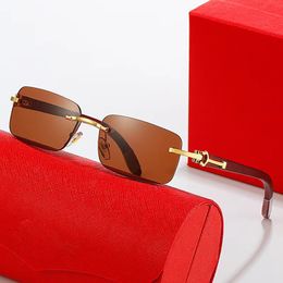 Gafas de sol de negocios de moda Mujeres Hombres Diseño de marca Sombras de verano Lentes de colores Aleación Gafas de madera Rectángulo sin montura UV400 Gafas decorativas Deporte sin marco