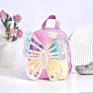Fashion Butterfly Childrens Backpack Plush Laser Cute School Tags For Girls Cartoon Princess schouders Bag Kids Birthday Gifts 240425