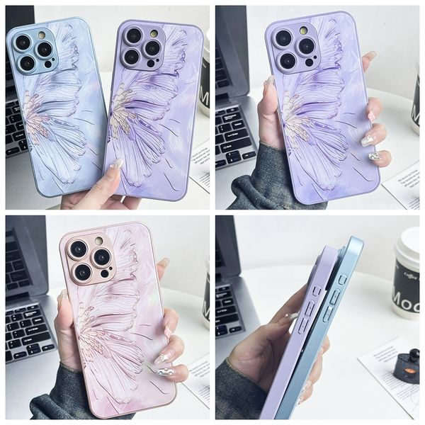 Fundas de vidrio templado duro de mariposa de moda para iPhone 15 14 Pro Max Plus 13 12 11 Iphone15 Aceite Suave TPU Lado de lujo Elegante Agujero fino Chicas Dama Teléfono móvil Contraportada