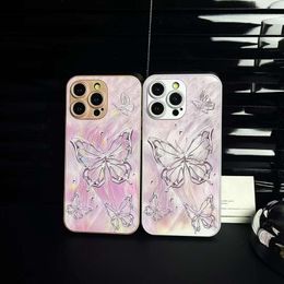 Fashion Butterfly Metallic Painted Glass Shell Cevales voor iPhone 15 Pro Max 14 Plus 13 12 11 iPhone15 Luxe Luxe Leuke Hard Plastic PC Soft TPU Fijne Gat Telefoonhoes