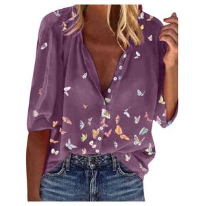 Mode papillon imprimé Blouses femmes été Cardigan chemises décontracté lâche demi manches col en V bouton hauts L220706