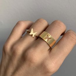 Anillo de banda ancha de mariposa a la moda, joyería de amistad, regalo para hombres y mujeres, anillos de pareja ajustables con personalidad de Color dorado y plateado