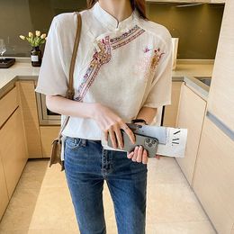Mode knop geborduurde etnische stijl shirt shirt korte mouw losse katoenen linnen retro top traditionele Chinese kleding voor vrouwen 240412