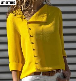 Mode bouton irrégulier col oblique à manches longues blouse chemise femme S-2XLnoirvertgrisjauneroseblancbleu 240117
