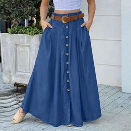 Mode knop maxi rokken zanzea dames zomer zomerdress casual high taille long vestidos vrouwelijk solide gewaad femme 240410