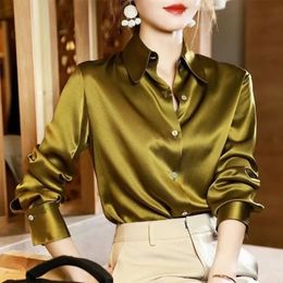 Mode Button Up Satijn Zijden Shirt Vintage Blouse Dames Tops Dame Lange Mouwen Losse Straat Shirts Vrouwelijke Elegante Kantoor Blusa 240322