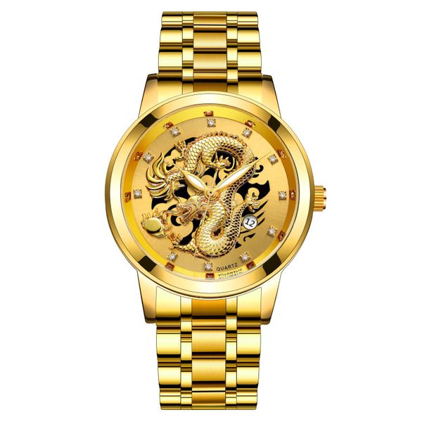 Reloj para hombre con calendario de moda, correa de acero, no mecánico, resistente al agua, con diamantes cuadrados, relojes de dragón chino