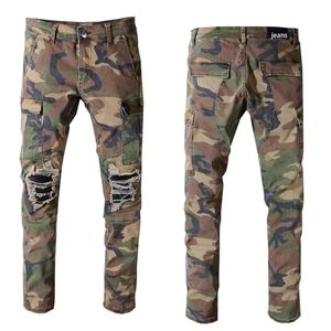 Mode Camouflage Legergroene Slanke Jeans voor Heren Hiphop Patchgaten Denim Potloodbroek 836