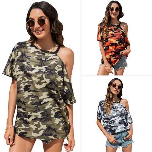 Mode Camouflage Tee Shirt Femmes Hors Épaule O Cou À Manches Courtes Imprimé Casual Tops Camo Sexy T Été Lâche Tees Lady 210522