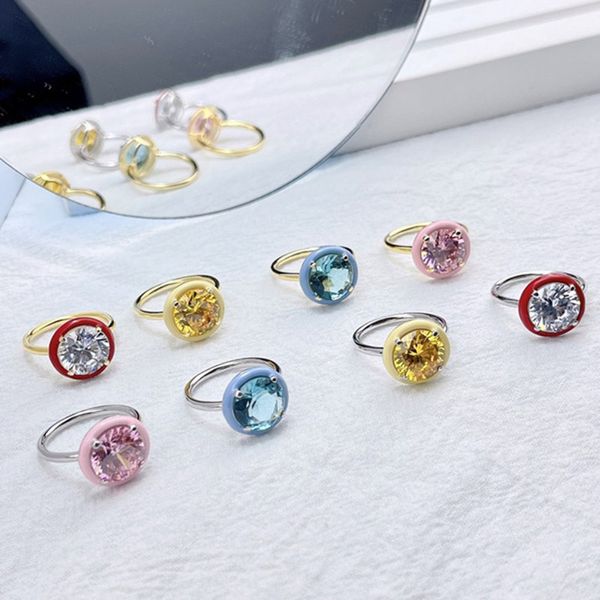 Fashion Candy Color Sparkling anillo de diseñador Square Round Real 925 Silver Blue White 5A Cubic Zirconia anillo de oro para mujer Teen Girls Friend Rings Jewelry Gift With Box