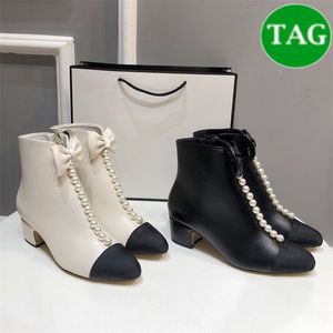 Mode Cap Toe Zipper Perles Bow Embelli Bottines Bottines noir blanc femmes bottes de créateur femmes chaussures de luxe