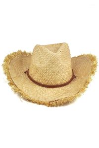 Chapeaux à large bord mode casquette unisexe bord à plumes naturel paille Cowboy chapeau de soleil hommes femmes 1