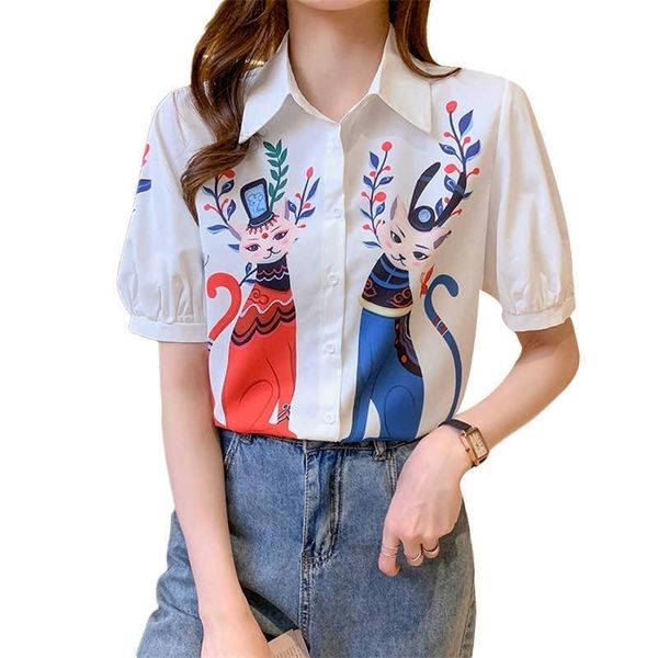 Mode Dessin animé Chat Imprimer Chemises Femmes Blouse Été Dames Blusa Streetwear manches courtes Camisas Mujer 210702