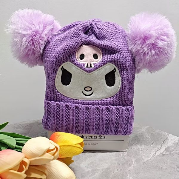 Mode Cartoon broderie fille garçon beanie hiver protégeant les oreilles mignonnes en tricot chaud de velours