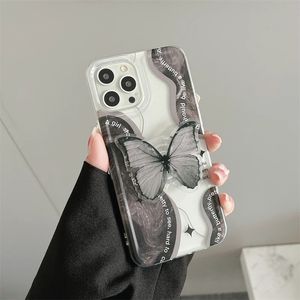 Mode Korea Cute Black Butterfly Bracket Clear Soft Phone Case voor iPhone 12 11 13 14 Pro XR X XS Max 7 8 Plus beschermende achteromslag