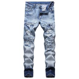 Mode Casual Biker Jeans Hommes Distressed Ripped Hip Hop Slim Fit Trous Punk Denim Coton Pantalon Automne Hiver Pantalones