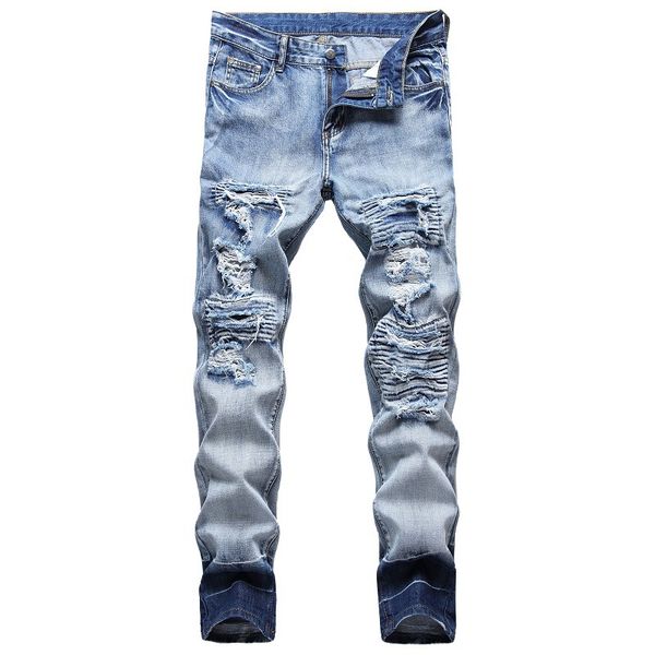 Mode Casual Biker Jeans Hommes Distressed Ripped Hip Hop Slim Fit Trous Punk Denim Coton Pantalon Automne Hiver Pantalones