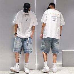 Fashion Casual Denim Shorts Mens Trend Ins Youth Pop Summer Wear Gothic Gothic Hop Loose Cargo Five Quarter Pants 240423