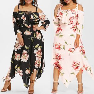 Mode Casual Jurken Dames Off-Slash Lace Up Maxi Flowing Floral Print Dress Plus Size XL-5XL