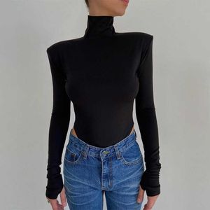 Fashion Casual Elegant Rompers Women Bodysuits Streetwear Skinny Long Sleeve dames jumpsuits Winter High Neck overalls 210625