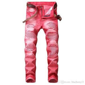 Mode décontracté trou jean pour hommes Hip Hop Biker jean régulier droit jean rouge grande taille 29-42