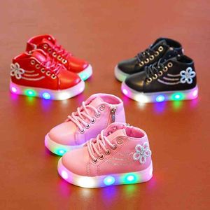 Mode Casual Enfants Chaussures Filles Fleur Cristal Printemps Automne LED Chaussures Lumineuses Enfants PU Caoutchouc Lacets Baskets Chaussures Fille 210713