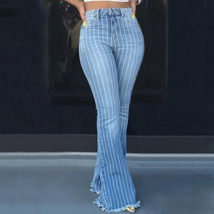 Mode décontracté dames maigre Stretch Denim pantalon femmes taille haute jean rayé jean jambe large pantalon à fond cloche