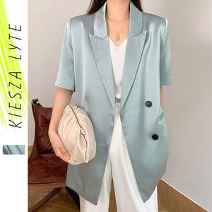 Blazers con muescas holgados informales a la moda de verano de manga corta para mujer, trajes azules satinados acéticos finos para mujer, 210608