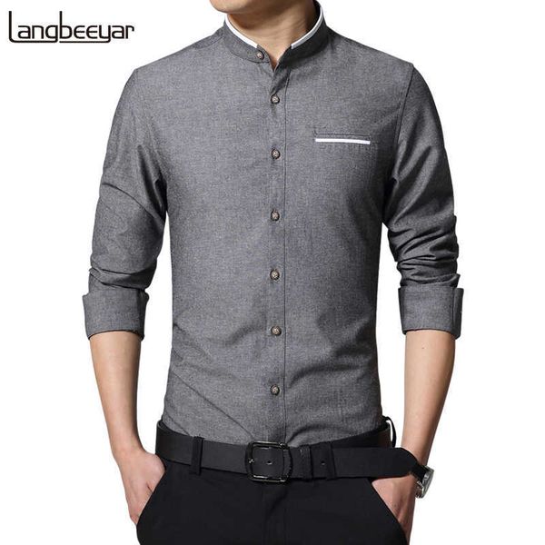 Mode Casual Hommes Chemise À Manches Longues Col Mandarin Slim Fit Chemise Hommes Affaires Coréennes Hommes Robe Chemises Hommes Vêtements M-5XL 210628