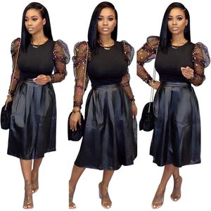 Mode Casual Mesh PU lederen rok sets zwart lederen rok 2 stuk set