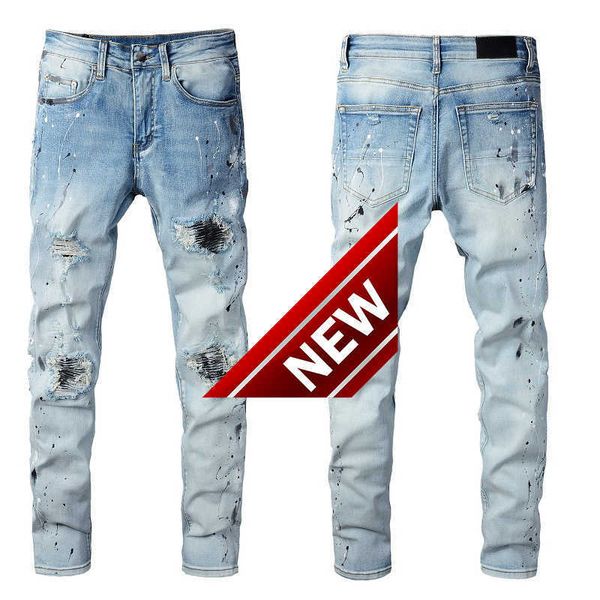 Pantalones casuales de moda micro algodón juvenil pintura azul claro salpicaduras agujero parche jeans