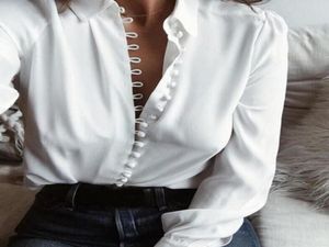 Fashion Casual Color Color Ladies Office Tops Sexy Boutons Long à manches longues 2019 Nouvelles femmes de printemps Chiffon White Shirt6833350