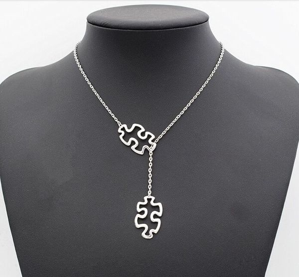 Mode décontracté tibétain argent autisme bijoux sensibilisation Puzzle Double Puzzle pièce pendentif réglable croix Lariat collier cadeaux