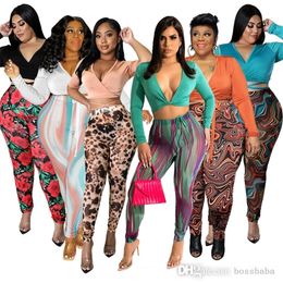 Fashion Casual V-Neck Women Clothing 2-delige set Plus maat lange mouw trekstring top + kunst print pant dropshipping groothandel